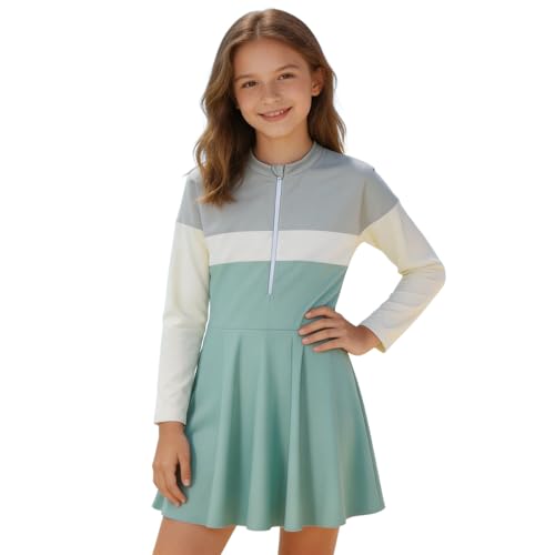 Traje de baño de manga larga UV con falda para niños y adolescentes., verde, 4-5 años