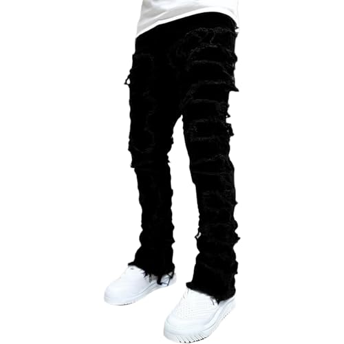 Men Stacked Jeans Skinny Black Ripped Patchwork Denim Pants