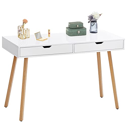 GreenForest White Desk with Glossy Desktop, 39" Vanity Desk with 2 Drawers Makeup Dressing Table for Girls Women Bedroom Modern Writing Computer Laptop Desk for Home Office