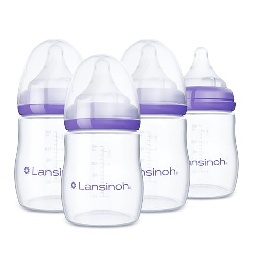 Lansinoh Babyflaschen Set mit NaturalWave Sauger Gr. S 160 ml 4er Pack - Babyflasche im neuen kompakten Design für verbesserte Stabilität - mit stapelbarem Deckel