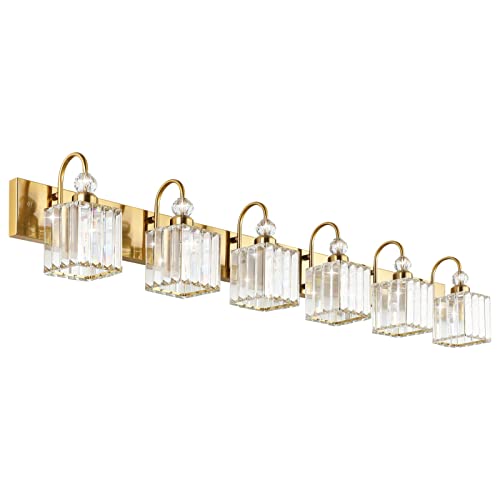 Image of Ralbay Modern Gold Vanity Lights - 6-Light Gold Crystal Bathroom Vanity Lights Over Long Mirror