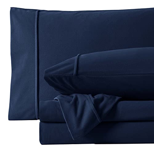 Flannel Sheets Warm and Cozy Deep Pocket Breathable All Season Bedding Set with Fitted, Flat and Pillowcases, Full, Navy (Pack of 8)
