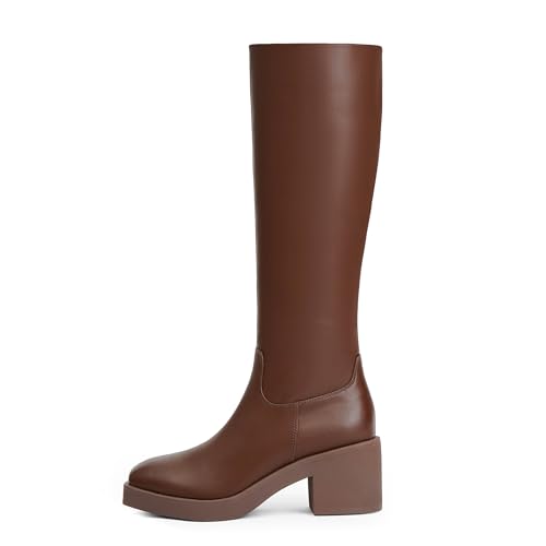 Modatope Platform Knee High Boots Square Toe Chunky Heel Boots for Women Side Zipper Block Heel Womens Heeled Boots