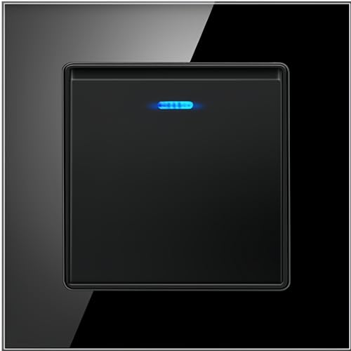 MEI JIA Borliya 1 Gang 2 Way Swiches Tempered Black Glass Panel and push button Light Switches with LED Indicator,UK Standard Wall Power Socket, Artistic Modern Swich soket (A- 1 GANG 2 WAY)