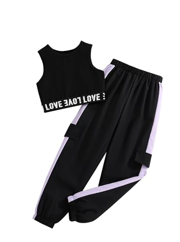Image of Girls 2 Piece Outfit Set for Tween Girls, Sleeveless Crop Tank Top & Cargo Pants Jogger Set