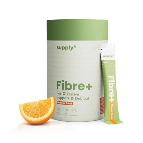 Image of Supply6 Fibre+ Digestive Support & Debloat Health Powder | Prebiotic & Soluble Fiber Supplement, Gut Health & Bloating Relief | No Added Sugar, Non-GMO Sachets (Orange Burst, 15 Servings)
