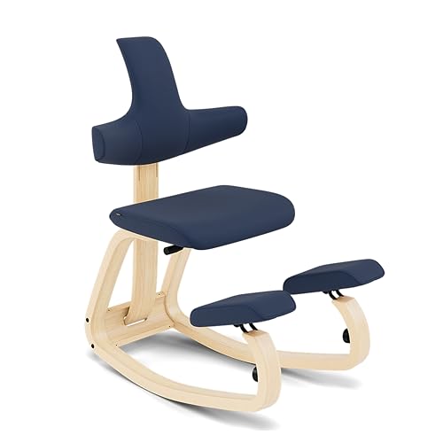 Varier Thatsit Natur/Blau Ergonomischer Kniestuhl Höhenverstellbar mit Rückenlehne und Holzrahmen aus Buche für Aktives Sitzen – 10 Jahre Qualitätsgarantie