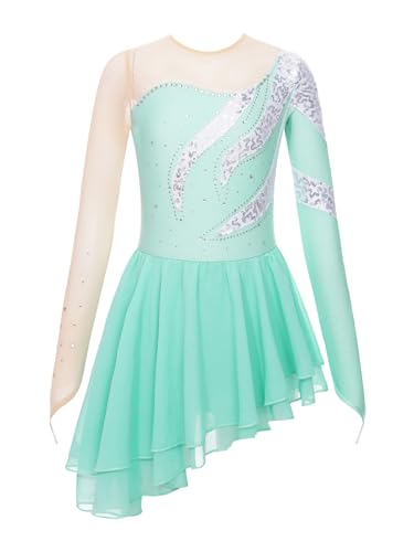 CHICTRY Girls Sequin Figure Ice Skating Dress Mesh Long Sleeve Irregular Hem Ballet Modern Jazz Lyrical Dress Ballroom Dancewear Light Green 11-12 Years