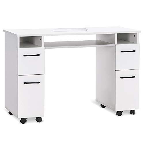 BarberPub Manicure Table Nail Desk with Wheels Beauty Salon Workstation Drawers Movable Equipment 2600 (White)