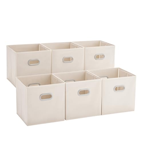 MAX Houser 6 Pack Foldable Fabric Storage Bins with Handles - Ideal for Closet Organization, Bedroom and Nursery（ Beige, 12'x12'x12'）