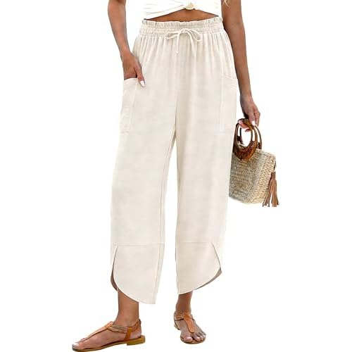 LOMON Women Linen Palazzo Pants Boho Wide Leg Elastic Waisted Casual Capri Pant Summer Harem Lounge with Pockets Apricot X-Large