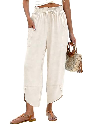 LOMON Womens Wide Leg Pants Casual Elastic Waisted Linen Palazzo
