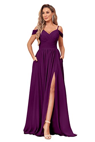 Image of BOLENSYE Off the Shoulder Bridesmaid Dresses with Pockets Ruched Chiffon Long Slit Formal Evening Gown