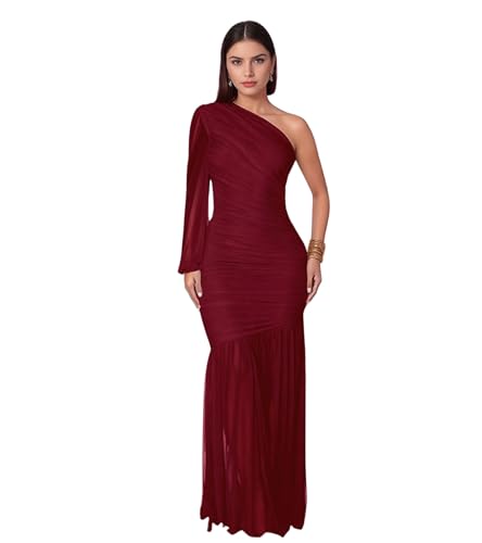 Image of Jigfar Women Sexy Elegant Sheer Mesh One Shoulder Ruched Single Sleeve Bodycon Formal Party Night Maxi Dress(6016,Wine Red,M)