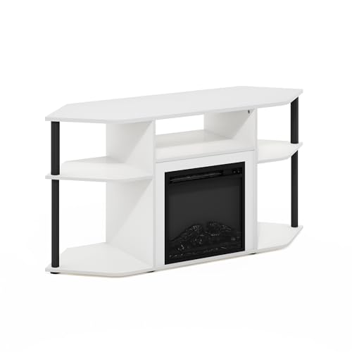 Image of Furinno Jensen Fireplace TV Stand, Corner Entertainment Center, TV Console for TV up to 55 Inch with Fireplace, Plastic Poles and Open Storage, for Living Room, Bedroom, Solid White