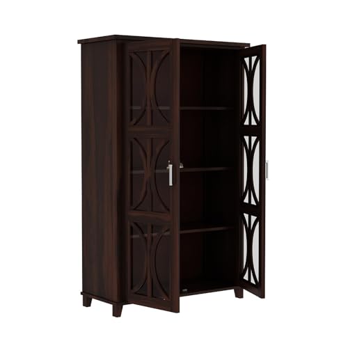 Image of Wooden Crockery Cabinets with Glass Door | Wooden Showcase Almirah | Solid Wood Book Shelf for Home Crockery Unit for Kitchen Living Room (Walnut Finish)