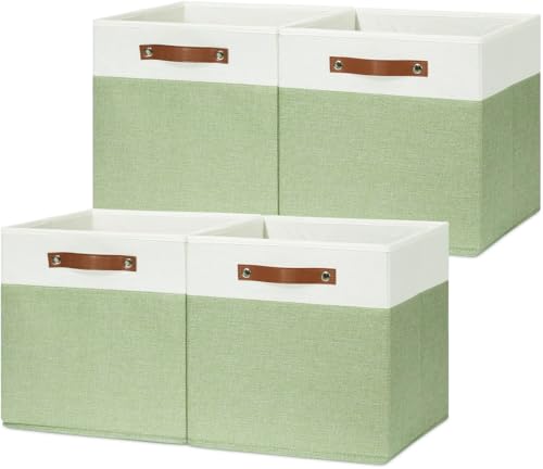 Image of HNZIGE Fabric Cube Storage Bins 13x13 Set of 4 Canvas Storage Baskets for Shelves Collapsible Storage Bins for Organizing Clothes Closet Toy Nursery Cubby(Green&White)