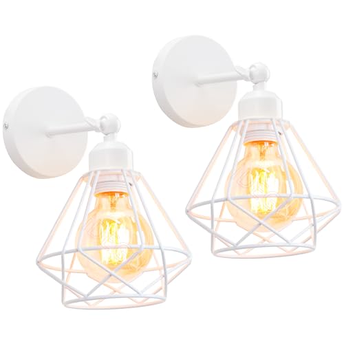 iDEGU 2 Pezzi Lampada da Parete Vintage 16CM Applique da Parete Design Gabbia Industriale E27 Illuminazione Interni Regolabile Lampada a Muro per Camera da Letto Corridoio Soggiorno (Tipo-C Bianco)