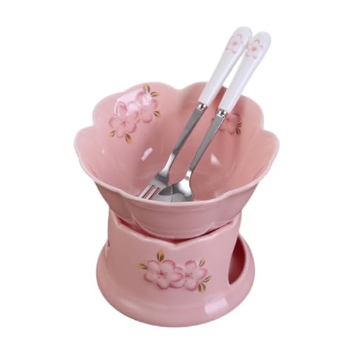 Qianly Chocolate Fondue Pot Fondue Pot Set with Fork and Spoon 300ml Dining Porcelain Melting Pot Cheese Fondue Pot for Engagement, Pink Pot, Pink Bowl