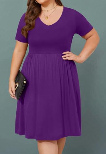 Image of DB MOON Women Plus Size Dresses 2026 Summer Casual V Neck Short Sleeve Knee Length Dress with Pockets