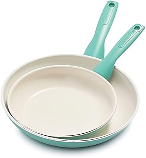 GreenPan Rio Healthy Ceramic Non-Stick 20 cm and 26 cm Frying Pan Skillet Set, PFAS-Free, Turquoise and Cream