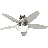 Hunter 44 inch Indoor Ceiling Fan with LED Light - Ceiling Fan with Pull Chain, For Bedroom, Living Room, or Kitchen, Low Profile Mount, No Remote, 5 Blades - Lilliana 51223, Brushed Nickel
