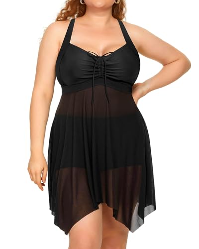 Image of Daci Plus Size Two Piece Swim Dress with Shorts for Women Mesh Swimsuits Flowy Bathing Suits