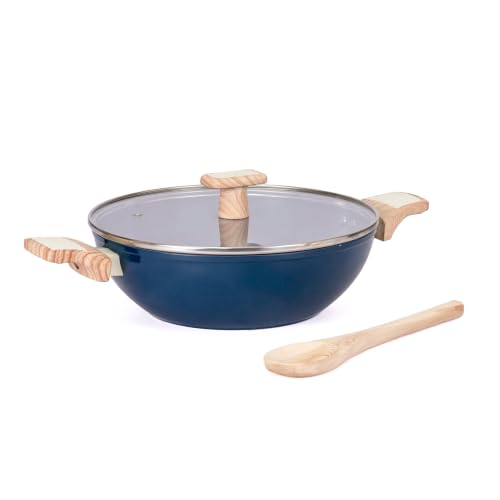 Image of Kreme Ceracook Ceramic Coated Granite Kadai 3.2L /26cm with Glass Lid, Deep Kadhai, ISI Certified, Forged Aluminium, Gas & Induction Use, Non Toxic PFAS & PTFE Free, 1 Yr Warranty, Ocean Deep Blue