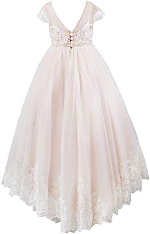 Miama Cap Sleeves V Back Lace Tulle Wedding Flower Girl Dress Junior Bridesmaid Dress Pink