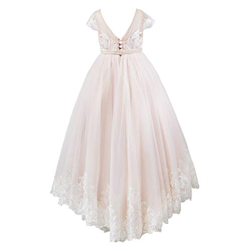 Miama Cap Sleeves V Back Lace Tulle Wedding Flower Girl Dress Junior Bridesmaid Dress Pink #TOP2