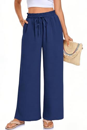 Arolina Petite Pants for Women Drawstring Waist Wide Leg Palazzo Beach Pants with Pockets (Regular,Petite) Navy Blue