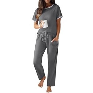 Ekouaer 100% Cotton Pajama for Women Short Sleeve Pj Top With Long Pants 2 Piece Lounge Set with Pocket