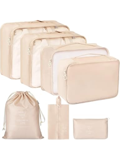 Twist KART Travel Organizer Bag for Luggage – Waterproof Packing Cubes Set for Clothes, Toiletries – Lightweight Foldable Storage Pouches for Men & Women – Ideal for Travel, Trips, Suitcase (Beige)
