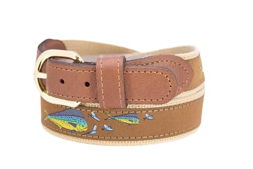 ZEP-PRO Dolphin Mahi Men's Woven Ribbon Belt – Mahi-Mahi Game Fish Ribbon With Tan Full Grain Leather Tabs – 1.25" Wide Outdoor Lifestyle Accessory, Size 462