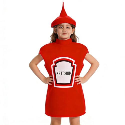 Tanxier Trajes de Cosplay,Traje de Kétchup Suave y Transpirable,Suave Disfraz de Kétchup para Decoración de Fiesta | Para Niños de 4 a 12 Años para Fiesta Baile Actuación Cosplay Escenario