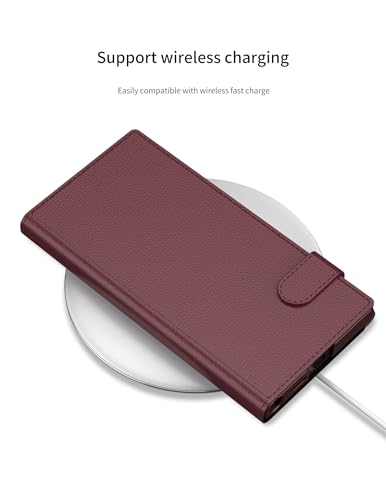 Image of Midkart Leather Flip Cover Compatible with Samsung Galaxy S23 Ultra with Card Holder Built-in Kickstand Magnetic Belt Lock Inner Hard PC with Full Body and Camera Protection, Burgundy