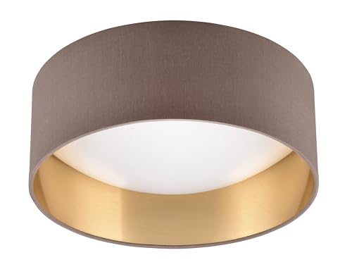 Reality Leuchten LED Deckenleuchte Locarno R64191141, Kunststoff Weiß, Schirm Stoff Taupe/goldfarbig, inkl. 12 Watt LED