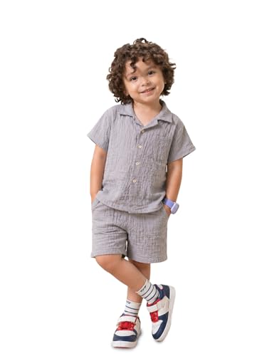 Image of Kidbea Organic Cotton Shirt & Pant Co-ord Set for Kids | Elegant & Comfortable Summer Wear | Stylish Half Sleeve Shirt with Bow & Comfy Shorts