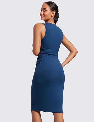Image of CRZ YOGA Butterluxe Ruched Midi Casual Dress | Removable Pads, Extremely Soft, Bodycon, Crewneck, Party, Sleeveless, Pencil, Outfits for Women