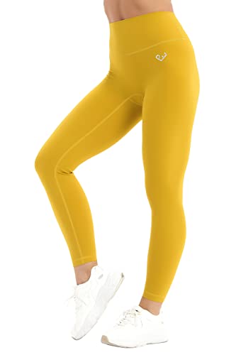 PaletteFit No Front Seam Workout Leggings for Women, High Waisted Yoga Pants with Tummy Control, 7/8 Length Leggings with Hidden Pocket (Mustard Yellow S)
