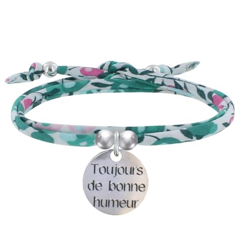 LES POULETTES BIJOUX - Bracelet Double Tour Lien liberty et Médaille Toujours de Bonne Humeur Argent 925 - Vert