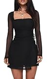 Remxi Women's 2025 Mesh Mini Dress Sexy Square Neck Long Sleeve Dress Wrap Tie Party Club A Line Short Dresses Black L
