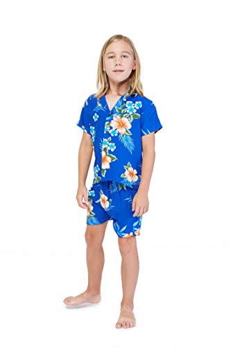 Image of Matchable Family Hawaiian Luau Men Women Girl Boy Clothes in Hibiscus Blue