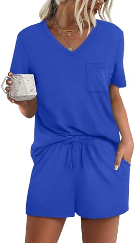 Image of RUBZOOF Women's Short Sleeve Pajama Sets with Pockets Casual V Neck 2 Piece Lounge Sets S-3XL