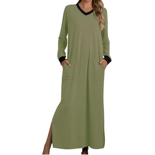 Blusenkleid Damen Langarm Winter Lang Pulloverkleid Damen Maxi mit Schlitz Herbstkleid Damen Elegant V Ausschnitt Knöchellang Tshirt Kleid Locker mit...