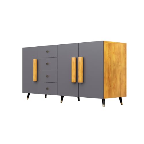Image of Multipurpose Storage Cabinet for Living Room, Kitchen, Office, Sideboard Cabinet with 4 Drawer and 3 Door Storage (Giant Wood & Slate Grey)