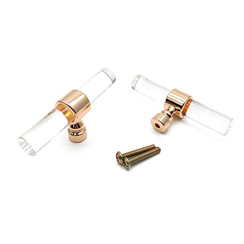 Drawer Pulls and Knobs,2-Pack, T Knobs Acrylic Drawer Knobs Transparent Rose Gold 3.2x0.5x1.4(LxWxH) Single Hole 3.15" Length 2pcs Transparent Rose Gold