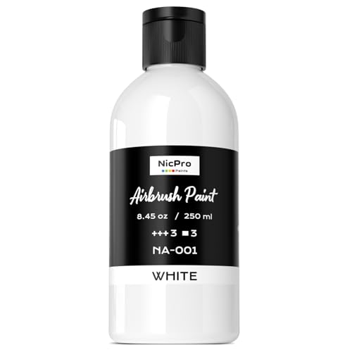 Nicpro Pintura blanca grande para aerógrafo (8.4 onzas, 250 ml), pintura acrílica opaca a base de agua para modelos, madera, lienzo, metal, plástico, cuero, para principiantes y artistas