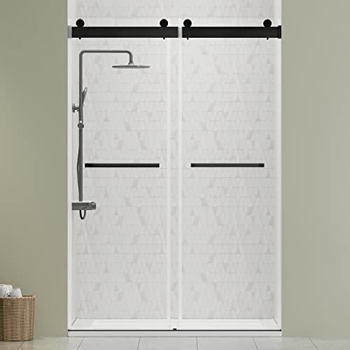 Delavin 44"-48"W X 75"H Frameless Shower Door, Double Sliding Shower Door, 5/16"(8Mm) Clear Tempered Glass, Noiseless Shatterproof Shower Door With Square Rail, Stainless Steel, Aluminum, Matte Black #TOP1