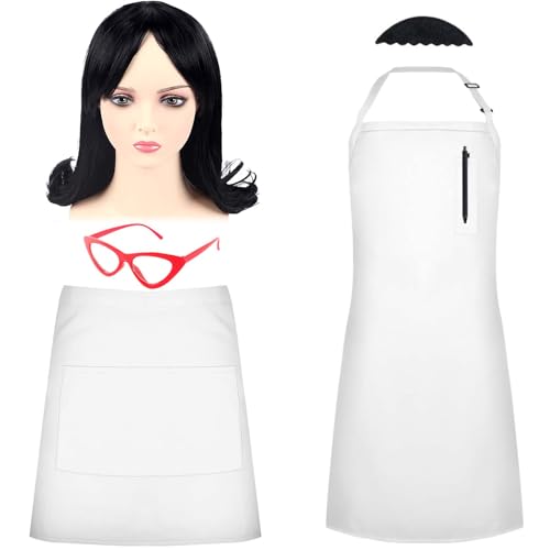 Matiniy 6 PCS Halloween Burger Costume Set Include Wig White Half Apron Cat Eye Glasses White Apron Beard and Pen for Men Women Dress Up
